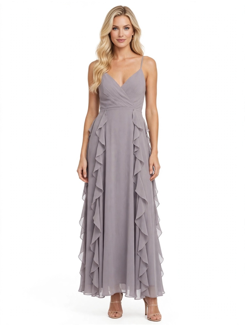 Sleeveless V-Neck Ruffled Chiffon Maxi Dress - Lavender Gray